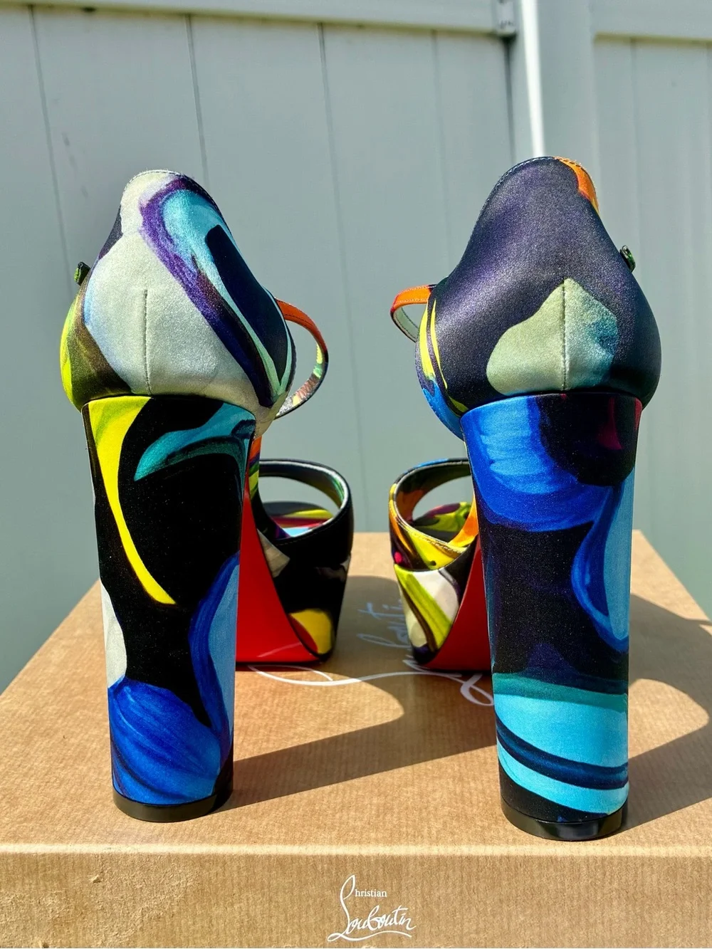 CHRISTIAN LOUBOUTIN SANDALOO BLACK MULTICOLOR SATIN LEATHER PLATFORM SANDAL SZ39